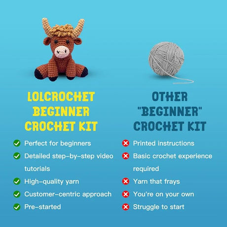 Highland Cow Crochet Kit for Beginners Intermediates - 2 Pcs Animals Craft Crochet Starter Kit with Step-by-Step Video Tutorial, Easy Knitting Set for Adults Kids, Women Learn to Crocheting Gift Idea LOLCROCHET
