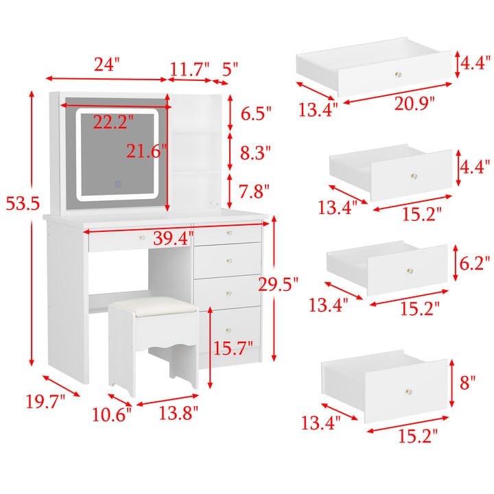 FUNISIR Makeup Vanity Desk with Sliding Mirror and Lights, Makeup Table Set with 3 Colors LED Light, 5 Drawers, Shelves & Stool, Bedroom Dressing Table Girls Vanity Desk in White FUNISIR