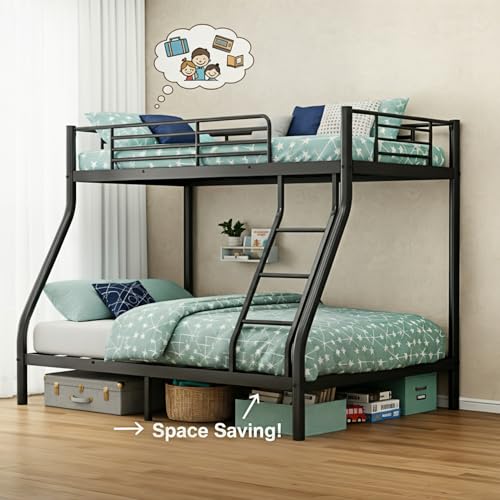 SogesGame Twin Over Full Bunk Bed for Teens & Kids, Metal Heavy Duty Bunk beds with 9.8-Inch Guardrail and Ladder, Bunk Beds Twin Over Full Size for Small Bedrooms & Shared Rooms, Space-Saving, Black SogesGame