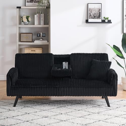 72" Modern Corduroy Sofa Bed Futon,Convertible Sleeper Couch Bed with Cup Holder,4 Reclining Positions,Folding Sofa Cloud Loveseat for Small Living Room Apartment Office (Black-New) Majnesvon