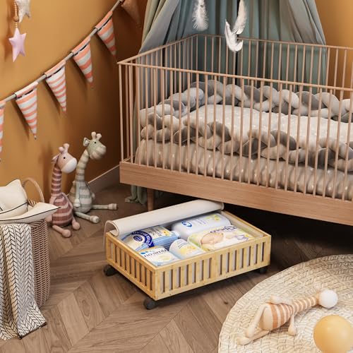Bamboo Under Bed Storage Containers with Wheels, 2 Pack Under the Bed Shoe Storage Bins, Wood Rolling Underbed Drawers with Bag Organizer for Bedroom, Sheets Clothes Blanket Comforter, Under Crib Toy MHXW SXPN