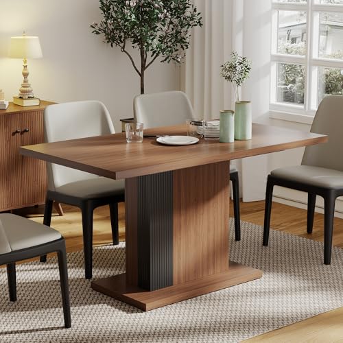 Manora 55" Modern Farmhouse Dining Table for 6 People, Rectangular Kitchen & Dining Room Wood Table with Pedestal Base, Walnut Finish Manora