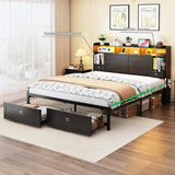 Etditrnp Full Bed Frame with Storage Headboard, Farmhouse Platform Bed Frame with Bookshelf, Drawers, LED Lights and Charging Station, Metal Slats Support, Noise Free, No Box Spring Needed, Black Etditrnp