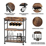Azheruol Bar Cart Serving Wine 3 Tier Home Rolling Rack with Wheels Mobile Kitchen Industrial Vintage Style Wood Metal Serving Trolley Serving Cart,Glass Holder Bar Cabinet Azheruol
