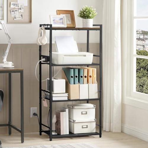 MAHANCRIS Bakers Rack with Power Outlet, Microwave Stand with Hooks, Multifunctional Storage Rack, Coffee Bar with Enclosure, Kitchen Storage Shelf, for Kitchen, Dining Room, Rustic Brown BRHR40E01N1