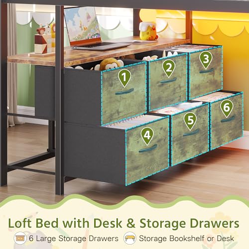 Dnxao Low Loft Bed Twin with Desk,9 Storage Drawers,Twin Bed Frames for Kids with 15.8" H Safety Guardrail,Kids Loft Bed with LED Lights and Charging Station,Inclined Ladder,Spave Saving,Rustic Brown Dnxao