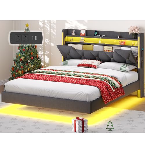 Dnxao Floating Bed Frame Queen with Hidden Storage Headboard, Heavy Duty Metal Platform with Dual Zone LED Lights & Charging Station, Noise Free No Box Spring Needed, Gray Linen Upholstered Dnxao