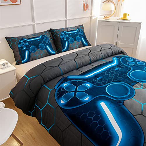 NTBED Game Console Comforter Set for Boys Girls Kids Geometric Lightweight Microfiber Bedding Sets (Blue, Full) NTBED