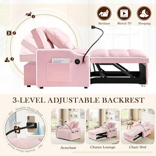 SLEERWAY 3-in-1 Convertible Futon Sofa Bed Chair, Multi-Functional Sleeper Chair Bed with Pull Out Couch and Adjustable Backrest, Modern Velvet Chaise Lounge Armchair for Living Room Bedroom, Pink SLEERWAY