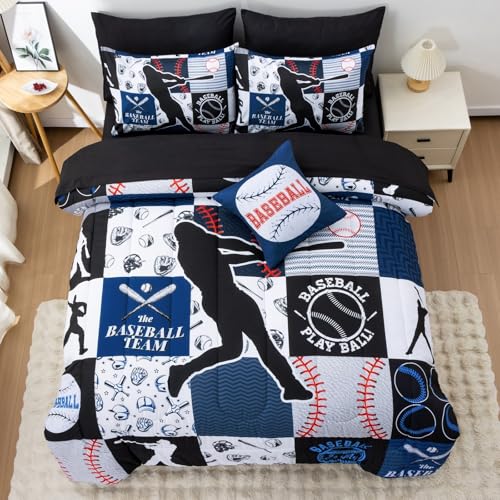 A Nice Night Sports Geometric Grid Black Patchwork Baseball Printed for Boys Twin 6Pcs Bed in A Bag Comforter Bedding Set,Blue A Nice Night