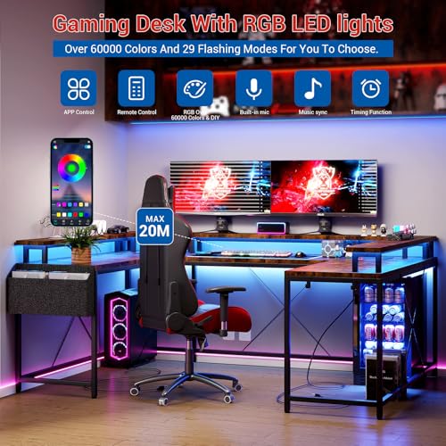 U Shaped Desk with Power Outlets, USB Ports & RGB LED Lights, 79 Inch Large Corner Computer Desk with Monitor Stand, Reversible Gaming Desk for Home Office, Ergonomic Workstation (Rustic Brown) Patikuin