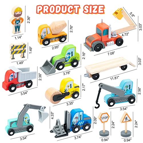 Wooden Construction Site Vehicles with Trailer 14 PCS Set, Vehicle Toys Cars for Toddlers and Kids Ages 3+ Gifts for Boys Girls, Compatible with Thomas and Other Major Brand Train Toy and Railway Set BBtinker