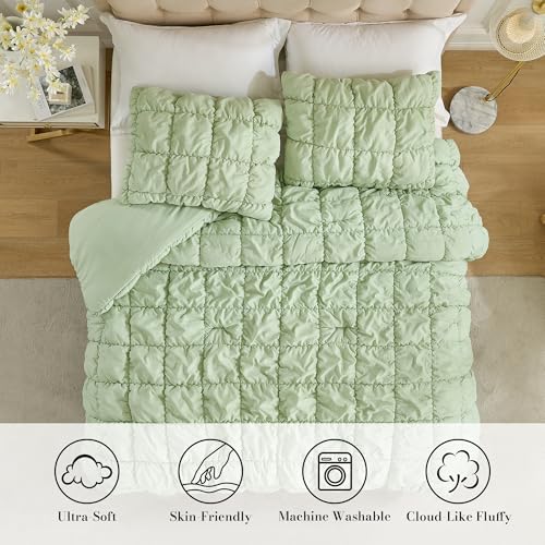 Amélie Home Sage Green Bubble Comforter Set King Size, 3 Pieces Ultra Soft Cozy Bedding Set for All Seasons, Farmhouse Luxury Gift for Women Home Decor Amélie Home