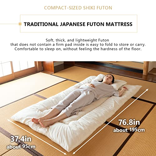 EMOOR Space-Saving Japanese Futon Set (Futon Mattress, Comforter & Pillow) Compact-Twin, Made in Japan, Foldable Floor Sleeping Mattress Shikibuton Tatami Mat Camp Guest-Use EMOOR