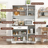 GRUSIGN 71" Pantry Cabinet with Charging Station, Large Capacity Kitchen Hutch Storage Cabinet, Kitchen Cabinet with Microwave Stand, Storage Drawers & Adjustable Shelves for Dining Room, White GRUSIGN