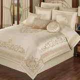 Versailles Luxury Bedding | Classic Neutral Pearl | Palace-Inspired French Style Golden Scrollwork Embroidery on Sateen | 7 Piece Set: Queen Comforter, Bedskirt, 2 Standard Shams & 3 Pillows Touch of Class