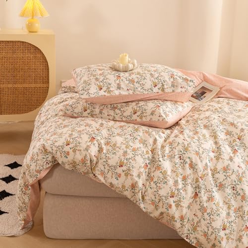 ECOCOTT Reversible Floral Duvet Cover Queen Size – 3 Piece 100% Washed Cotton Bedding Set, Soft Breathable Comforter Cover with Zipper Closure & Corner Ties ECOCOTT