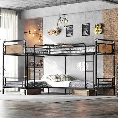 KEIKI Twin Over Twin Size Metal Detachable Quad Bunk Bed Frame with Ladders, MDF Headboard and Guardrail, for 4, L-Shaped Bunk Bed with Slats, No Box Spring Required, Easy Assembly, for Bedroom, Black KEIKI