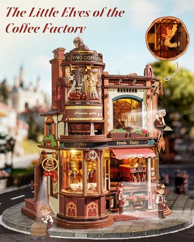 ROKR Dream Coffee Factory, Wooden Music Box Model, Mechanical 3D Wooden Puzzles for Adults, Building Kit with Moving LED Lights, Miniature House Kits, Desk Decor Gift