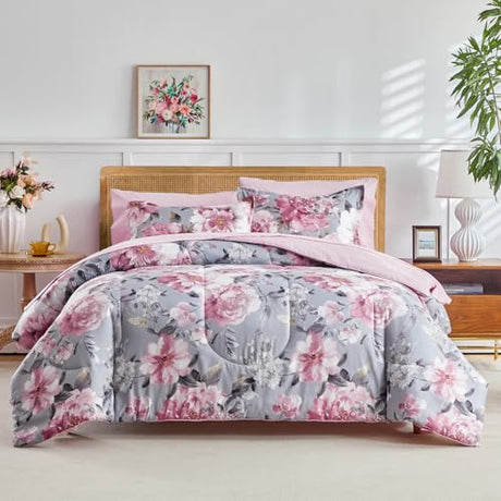 Joyreap 3pcs Floral Comforter Set Full/Queen, Tie-dye Pink Flowers on Gray Design, Microfiber Lightweight Bedding Comforter Set for All Season- 88x88 inches Joyreap