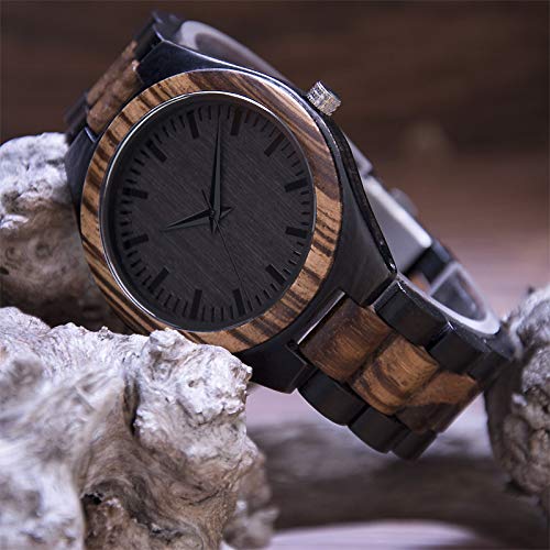 BYMAX Men Wood Watch Quartz, Fashion Handmade Wooden Wrist Watches Mens, Zebra Black BYMAX