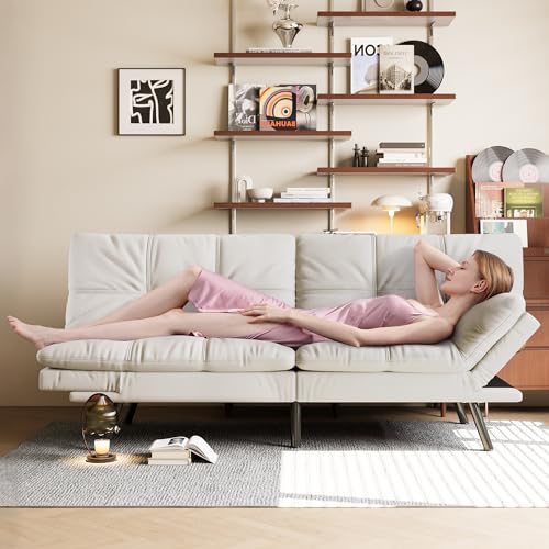 Opoiar 71" L Covertible Futon Sofa Bed,Faux Leather Futon Couch, Memory Foam Modern Loveseat Sleeper, Small Splitback Sofa Couches for Living Room,RV,Home Office,Apartment,White Opoiar