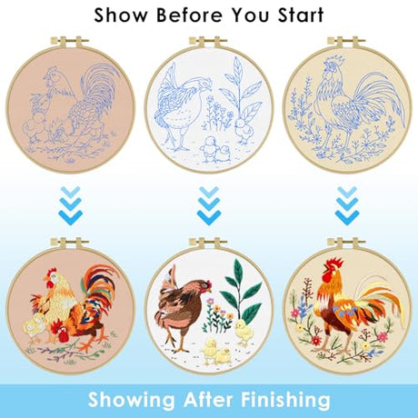 ERKOON 3 Sets Embroidery Kit, Floral Cross Stitch Set for Include Embroidery Cloth Hoops Threads for Craft Lover Hand Stitch (Rooster) ERKOON