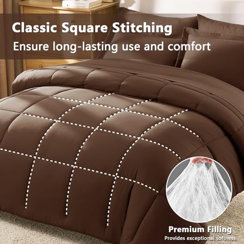 CozyLux Queen Comforter Set Brown - 7 Pieces Bed in a Bag Queen, All Season Breathable Bedding Sets, Oeko-Tex Certified Bed Set with Down Alternative Comforter, Sheets, Pillowcases & Pillow Shams CozyLux