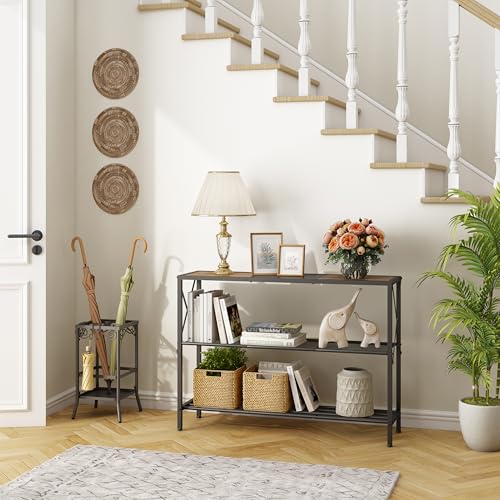 Hoctieon Industrial Console Table, 3 Tier Entryway Table, Hallway Table, Narrow Sofa Table with Shelves, Entrance Table for Entryway, Rustic Brown&Black Hoctieon