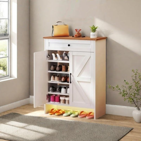 DWVO 6-Tier Shoe Cabinet with Doors & Drawer – Adjustable Shelves, Built-in Induction Strip for Entryway Living Room Storage (White) DWVO