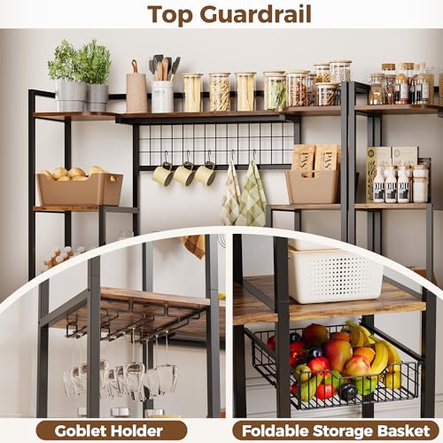 IRONCK Bakers Rack with Power Outlet, 54.7 Inch Coffee Bar Cabinet, Kitchen Bakers Rack with Storage, Microwave Stand with Shelves, Globlet Holder and 5 Hooks, Vintage Brown