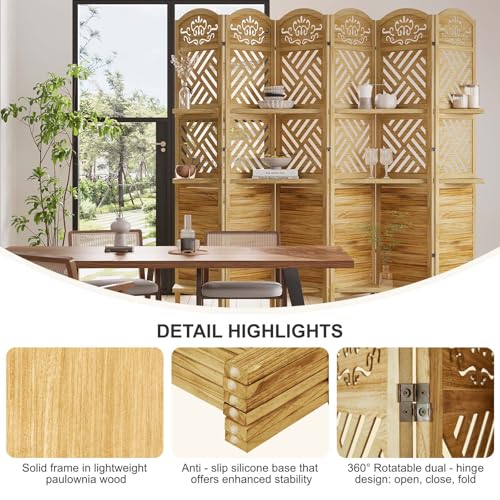 Room Divider with Shelves, 5.75ft Tall Folding Wood Carved Screen with Double Hinges for Home Office Bedroom Hotel Decoration (6 Panels, Natural) Svimi