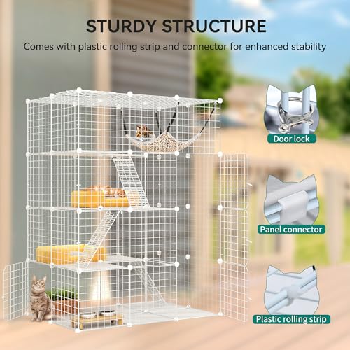 YITAHOME 4-Tier Large Cat Cage, Indoor Enclosure Metal Wire Kennels DIY Cat Playpen with Large Hammock for 1-3 Cats White YITAHOME
