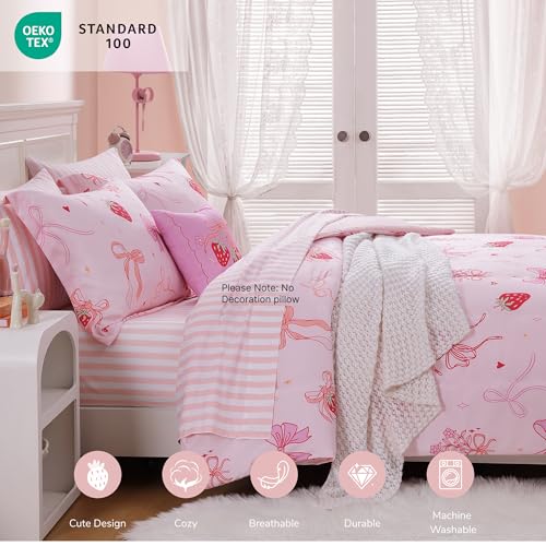 Wink Deer Twin Comforter Set for Girls-5 Pieces Pink Bow Twin Bedding Sets for Kids, Ultra Soft Bed in A Bag with Sheets Wink Deer