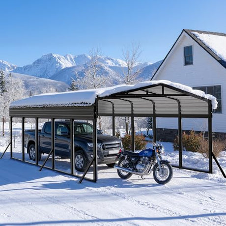 12x25FT Metal Car Port, Extended Carport 12x25 Heavy Duty with Reinforced Frame & Side Support Poles for All-Weather, Large Carport for Pickup Trucks, Boats, Cars & Tractors WUKHG
