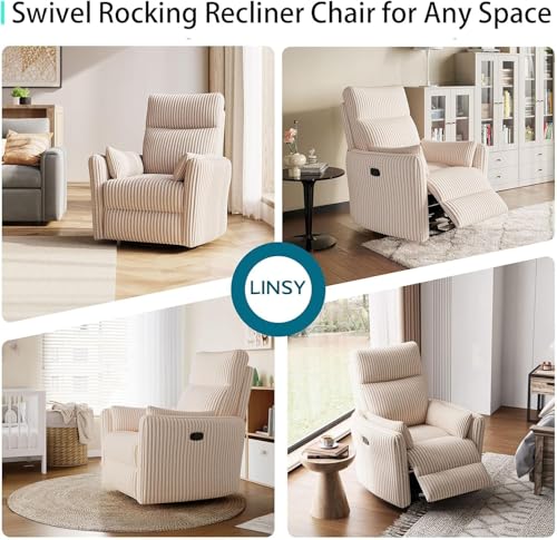 LINSY 360 Swivel Recliner Chair, Nursery Glider Rocking Chair with 2 Pillows, Corduroy Nursing Chair Comfy High Back Adult Rocker Recliner for Small Spaces, Nursery Bedroom Living Room (Beige)
