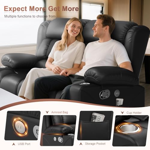 MOSGAT RV Loveseat Recliner Sofa, Reclining Loveseat Home Theater Seating with USB Ports, Cup Holders, Insert Pockets, Wall Hugger RV Recliners for Movie Room, Recline Movie Seats Gaming Sofa, Black