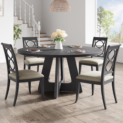 GAOMON 47 Inch Round Farmhouse Dining Table for 4-6 People, Large Kitchen Table with Adjustable Feet, for Dining Living Room, Black GAOMON