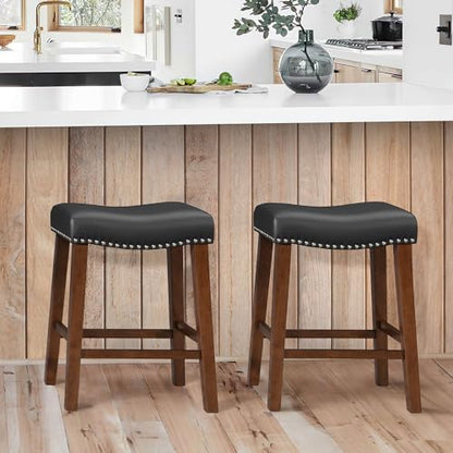 Larksperal 26" Backless Bar Stools Set of 2 - Counter Height Barstools with Faux Leather Upholstered Saddle Seat, Modern Wood Backless Bar Stools for Kitchen Island, Black - WoodArtSupply