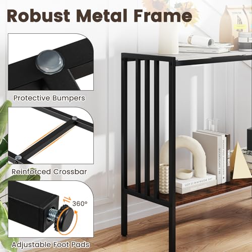 GOFLAME Entryway Table with Storage, 2-Tier Marble Sofa Table with Sintered Stone Top, Wood Shelf, Industrial, Metal Frame, Modern Console Tables for Entryway, Living Room, White & Rustic Brown GOFLAME