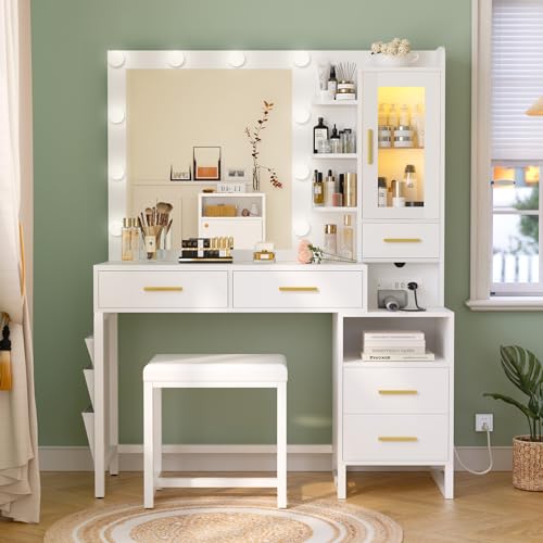 Dnxao Makeup Vanity Desk with Mirror and Lights & Charging Station, White Vanity Makeup Table Set, RGB LED Cabinet, 5 Drawers & Side Storage Bag, Vanity Mirror with Lights Desk and Chair for Bedroom