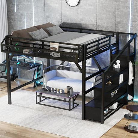 Bellemave Queen Loft Bed with Stairs and Wardrobe, Queen Size Loft Bed with Charging Station, Lights and Bedside Shelf, Heavy Duty Loft Bed Frame for Adults, Teens, Kids, Noise Free, Black Wood Bellemave