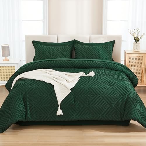 Andency Queen Comforter Set 7 Piece Dark Emerald Green - Bed in a Bag Queen Boho Lightweight Fluffy Tufted Bedding Sets with Comforter, Sheets, Pillowcases & Shams Andency