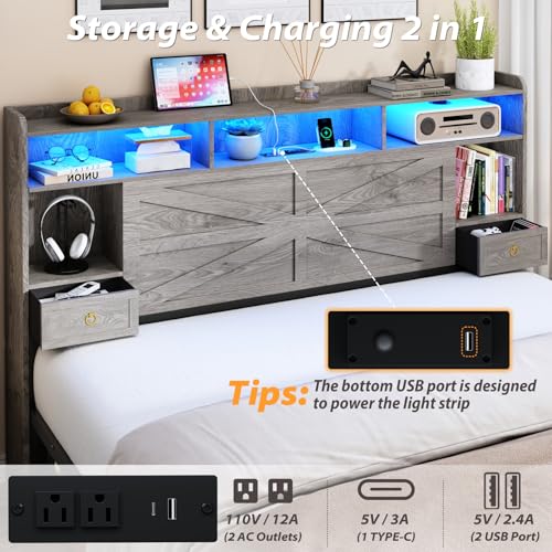 TIGUBFRE King Bed Frame with Storage Headboard, Farmhouse Wood Bed Frame King Size with 4 Drawers, LED Light & Charging Station, Metal Slats Support, Noise Free, No Box Spring Needed, Rustic Grey TIGUBFRE
