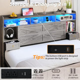 TIGUBFRE King Bed Frame with Storage Headboard, Farmhouse Wood Bed Frame King Size with 4 Drawers, LED Light & Charging Station, Metal Slats Support, Noise Free, No Box Spring Needed, Rustic Grey TIGUBFRE