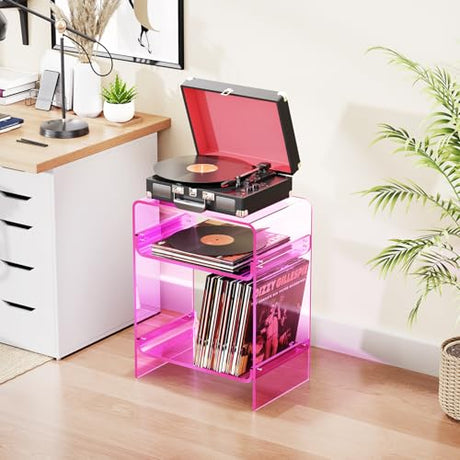 Acrylic Record Player Table with Storage Shelf, Clear Side Table Nightstand (Pink, Large) Acrylicolor