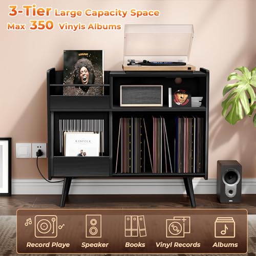 Upgraded Large Black Record Player Stand -Turntable Stand Shelf with with Power Outlet and LED Light,Vinyl Record Storage Cabinet Up to 350 Albums,Wood Record Player Holder Table for Living Room Loomie