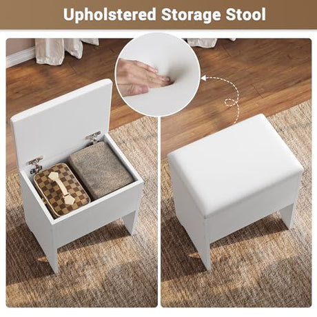BTHFST Corner Vanity Desk with Lights and Charging Station, Makeup Vanity with Lights, Vanity Set with Mirror and Storage Stool, Makeup Table with Drawers, Rotating Shelves, White BTHFST