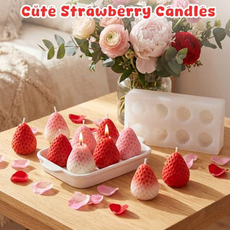 8 Cavity 3D Strawberry Silicone Mold, Candle Mold for Soap, Wax Melt, Cake Decorating, Chocolate Candy Baking DIY Crafts Supplies - Non-Stick Easy Release Strawberry Molds for Homemade Treats & Gifts Liobelon