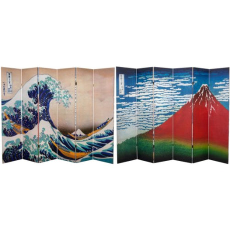 Red Lantern 6 ft. Tall Double Sided Hokusai Room Divider - Great Wave/Red Fuji 6 Panel Freestanding Folding Privacy Screen Partition and Separator for Modern and Contemporary Bedroom Home Office Dorm Red Lantern